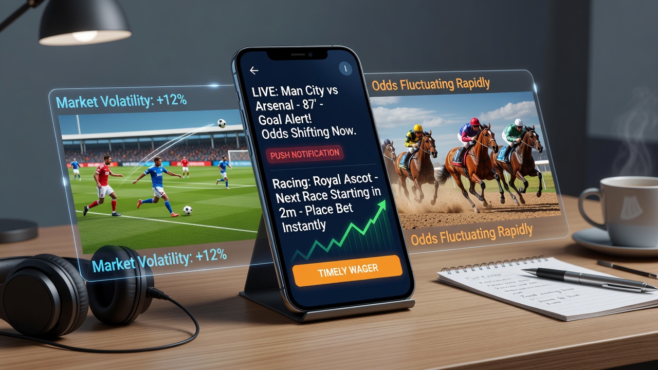 Racing and football betting interface with highlighted notification prompts on a tablet device