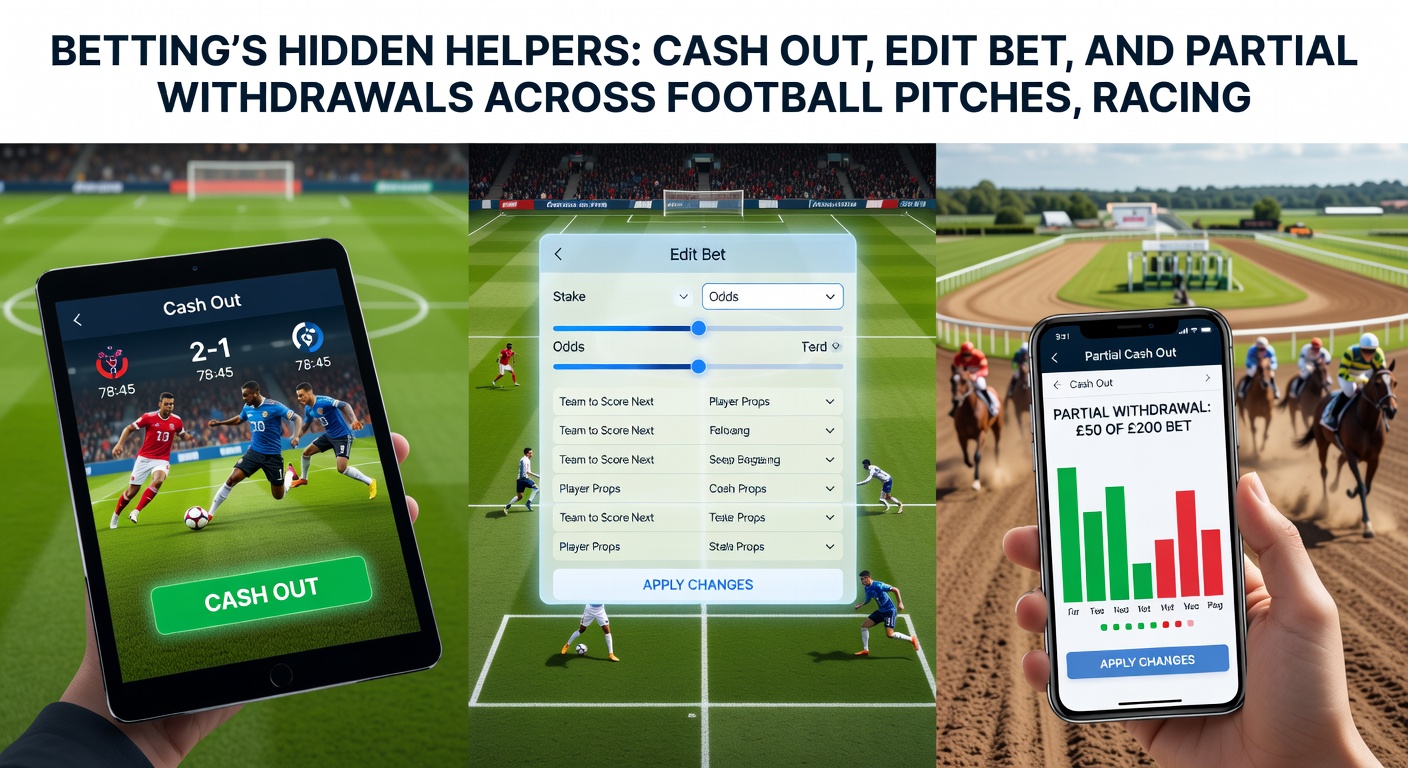 Illustration of edit bet interface on a betting app, swapping football players mid-match while horse racing and casino elements overlay