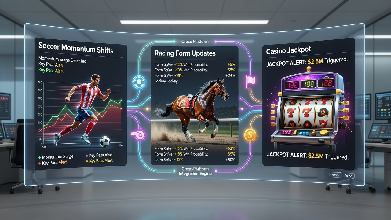 Mobile interface illustrating linked alerts for live soccer, racing updates, casino jackpots, deposits, and support access