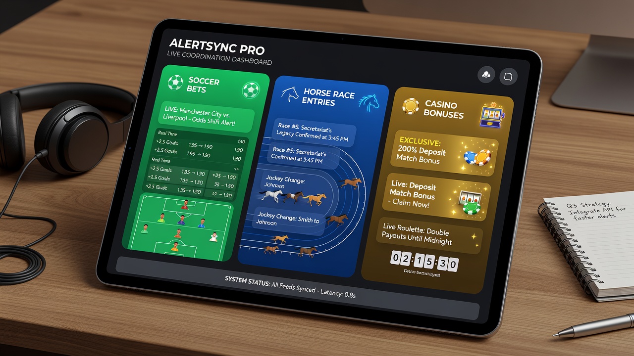 Diagram showing alert flow between soccer bets, horse racing entries, casino bonuses and payment methods