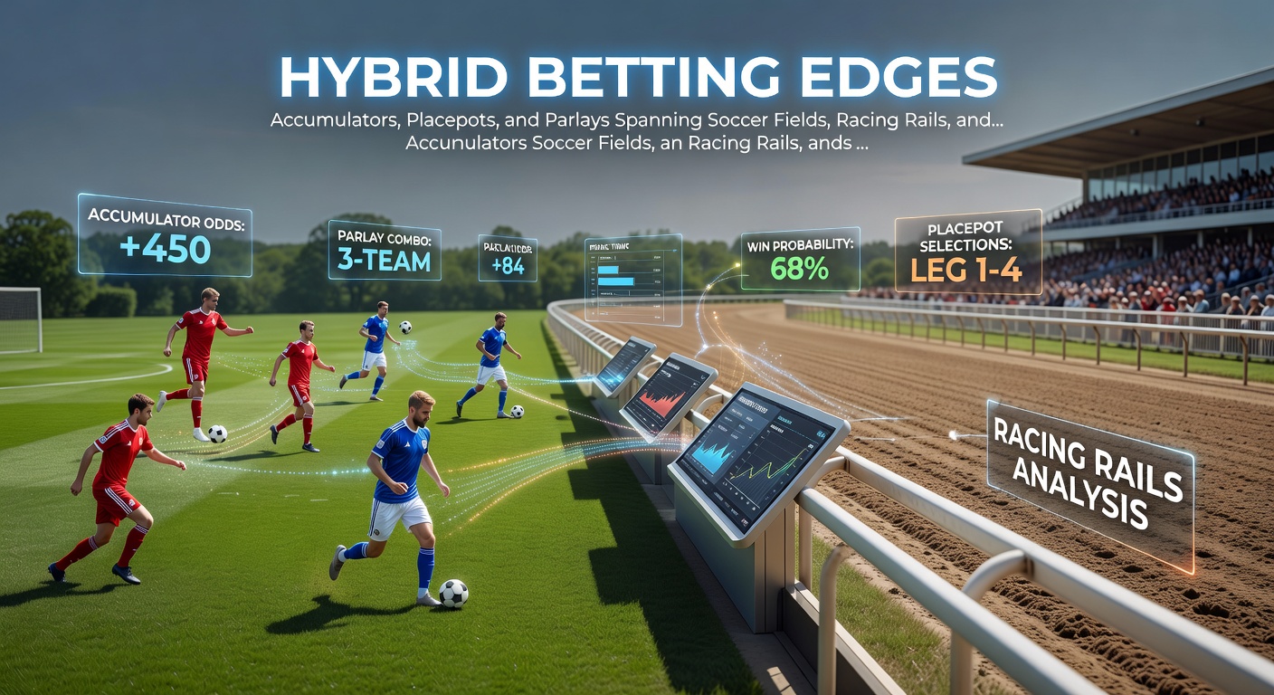 Horse racing placepot board transitioning to soccer scoreboard and casino slot reels, highlighting multi-market synergies
