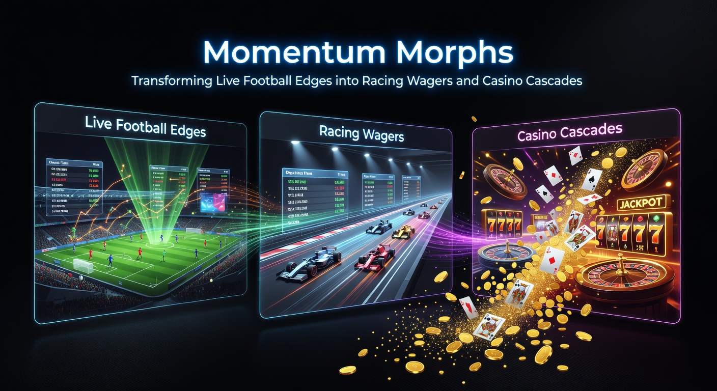 Split-screen image of a live soccer momentum build-up transitioning to a horse racing finish and cascading slot wins