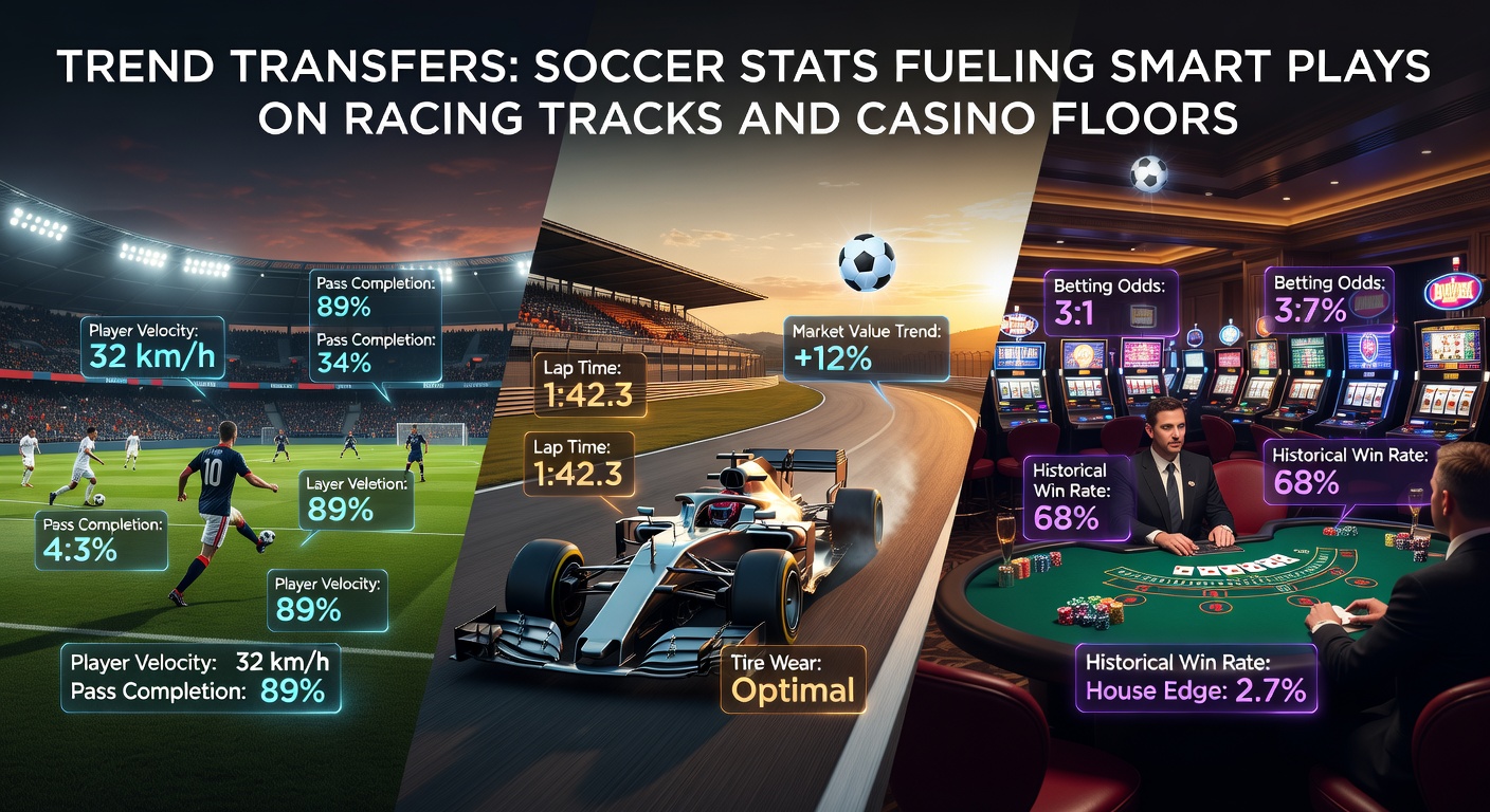 Infographic showing soccer player stats like shots on target linking to roulette spin patterns and blackjack card trends, with overlaid betting charts