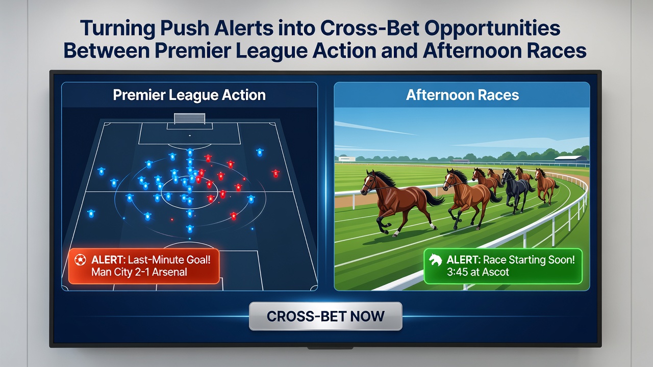 Split-screen view of a Premier League match live stats next to afternoon horse race results on a betting app interface