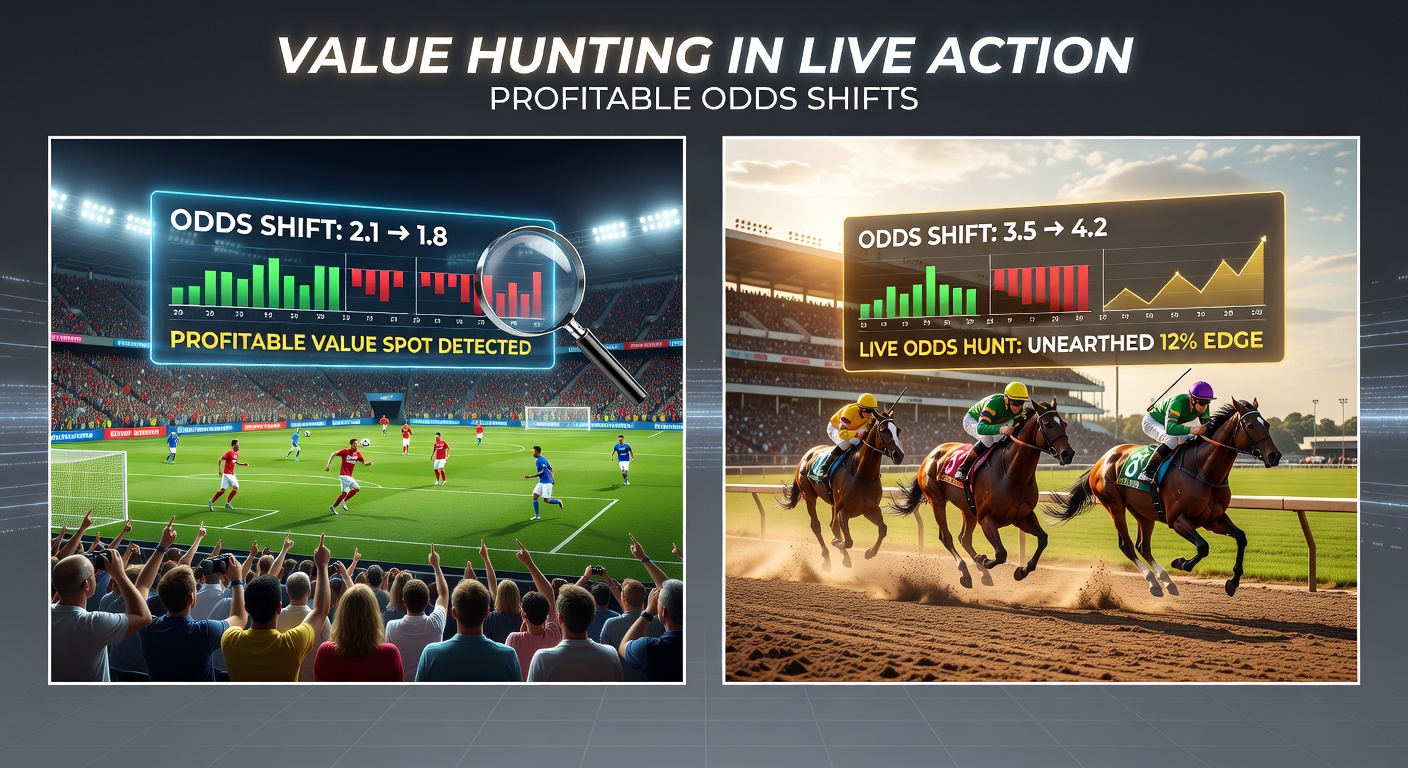 Close-up of a bettor analyzing live horse race odds on a tablet, with soccer match replay in the background, illustrating real-time value detection